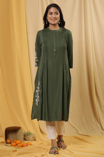 Olive Green Embroidered Kurta And Pants Set