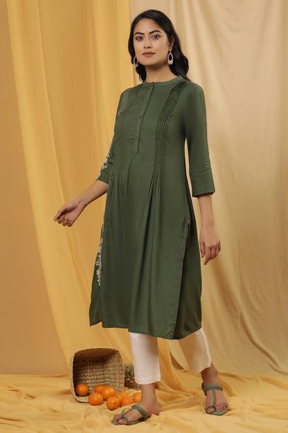 Olive Green Embroidered Kurta And Pants Set