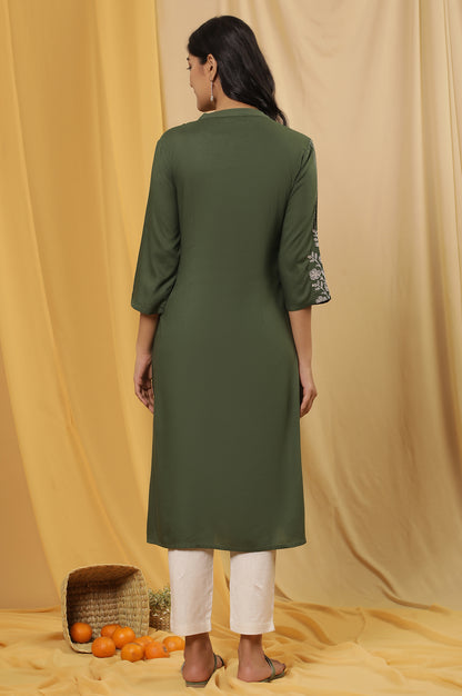 Olive Green Embroidered Kurta And Pants Set