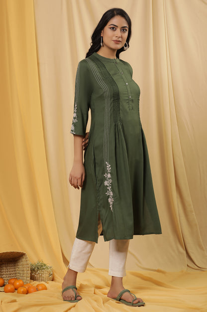 Olive Green Embroidered Kurta And Pants Set