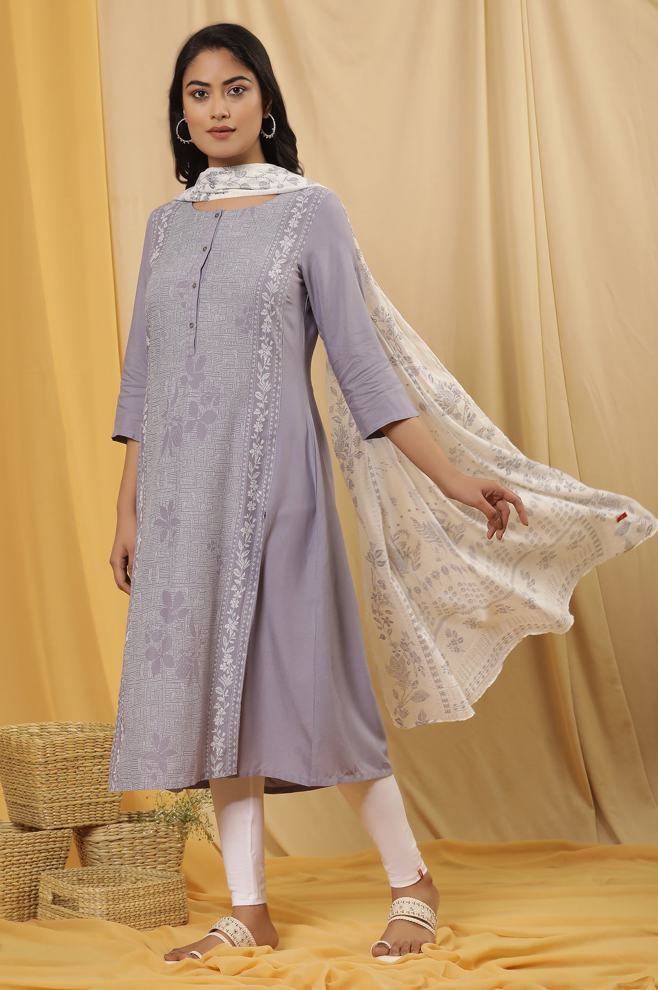 Purple Panelled Kurta, Tights And Dupatta Set