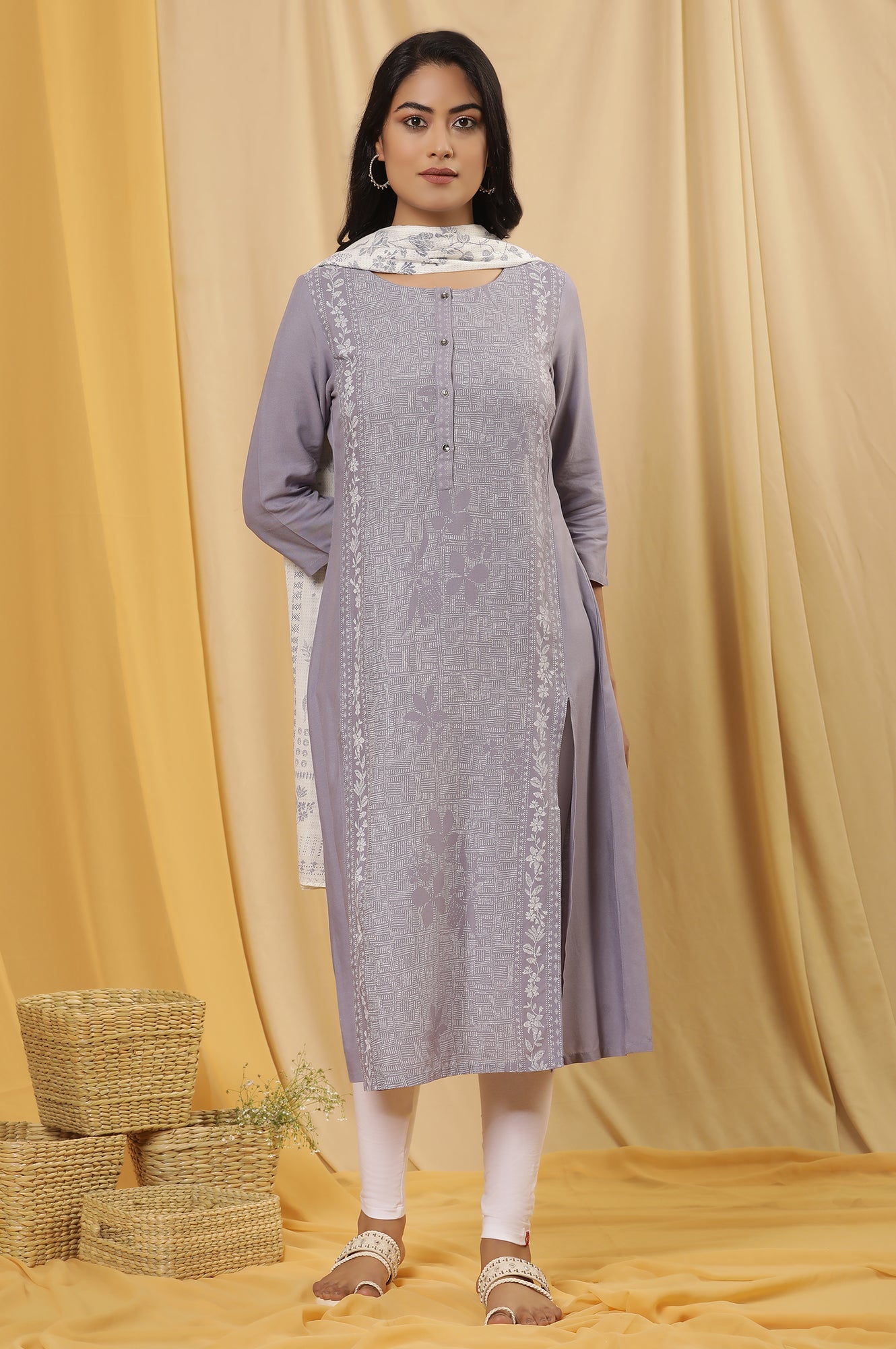 Purple Panelled Kurta, Tights And Dupatta Set