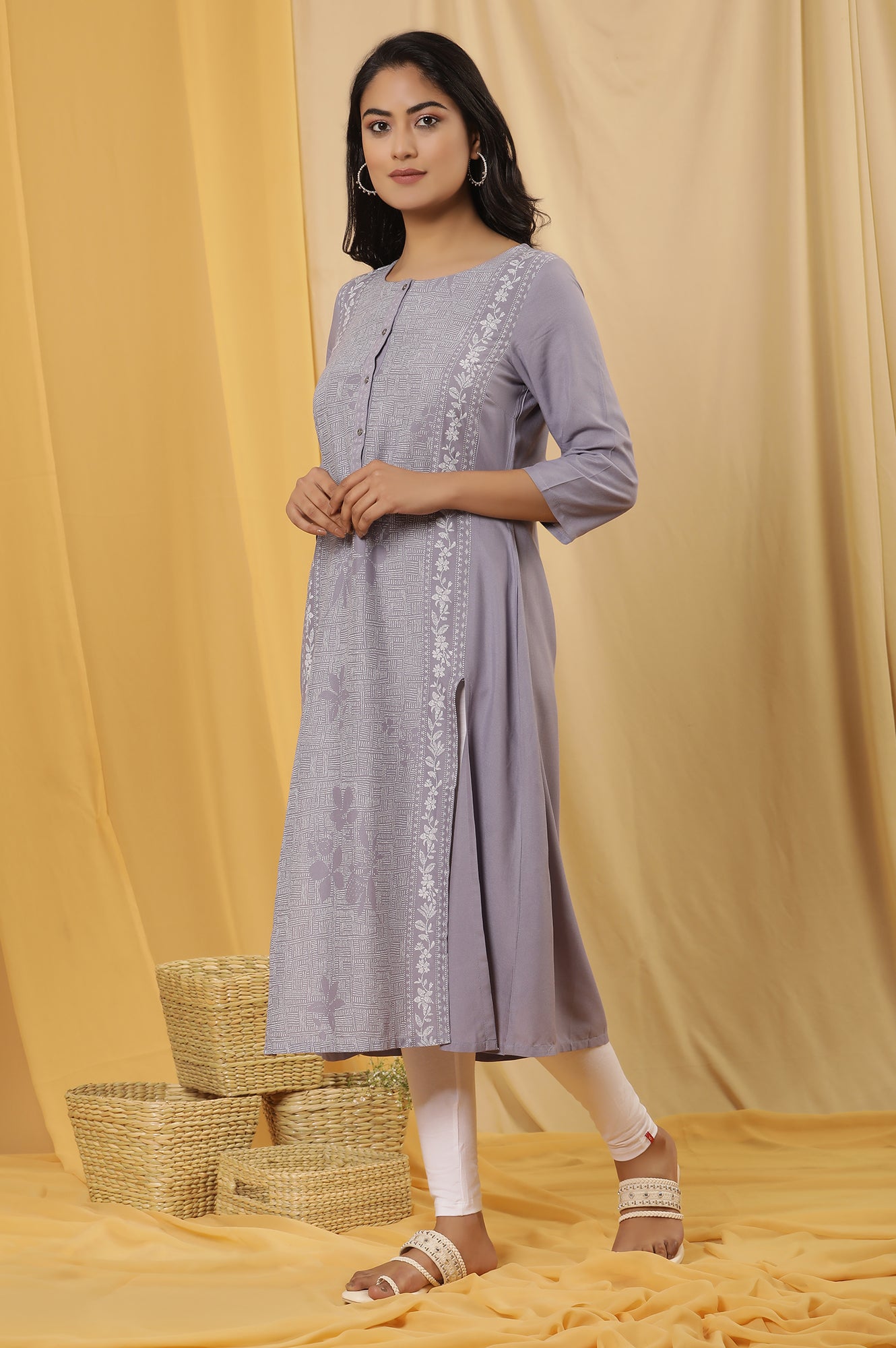 Purple Panelled Kurta, Tights And Dupatta Set