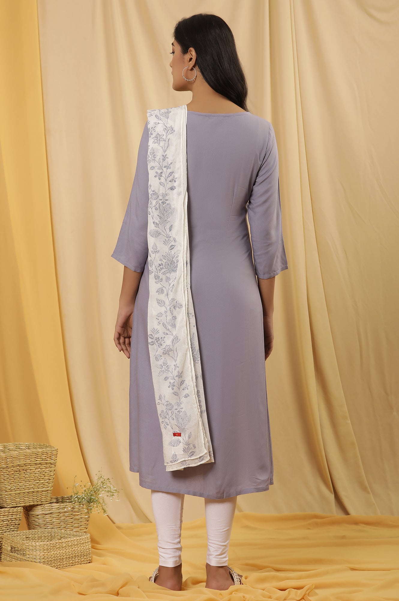 Purple Panelled Kurta, Tights And Dupatta Set