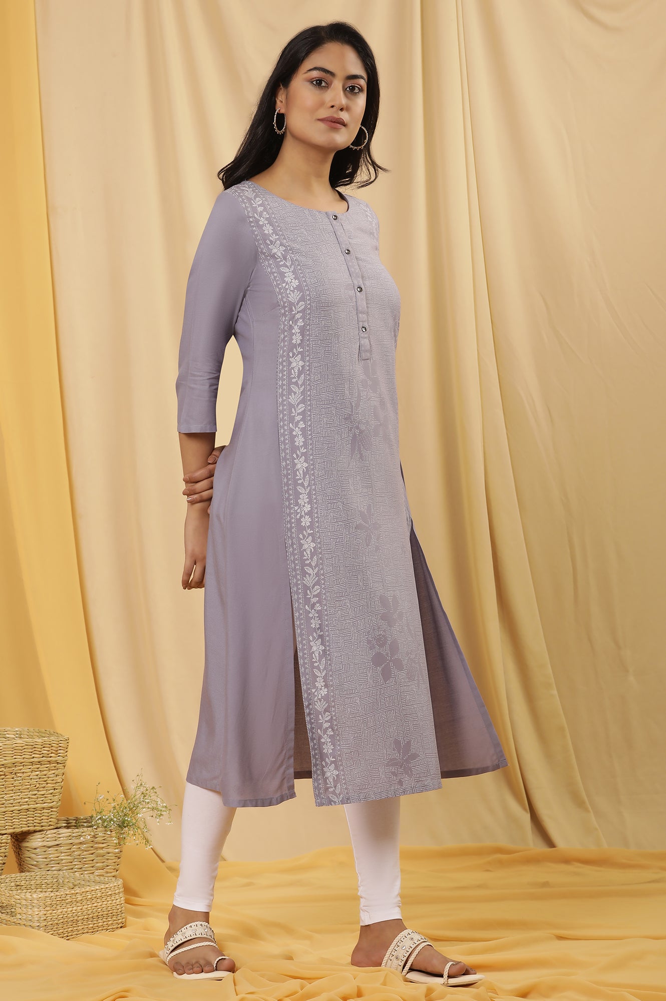 Purple Panelled Kurta, Tights And Dupatta Set