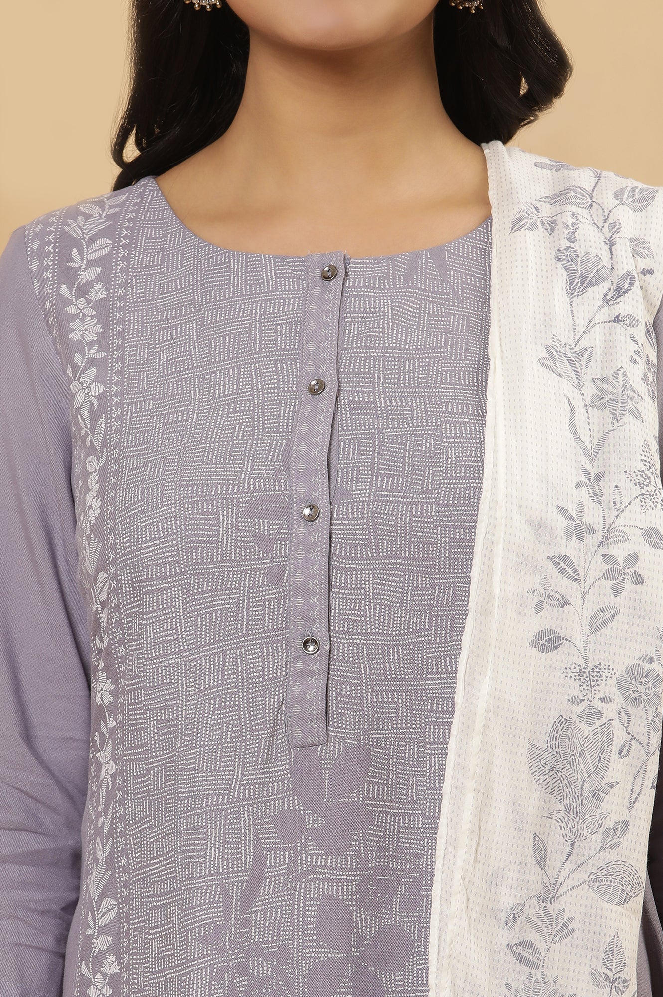 Purple Panelled Kurta, Tights And Dupatta Set