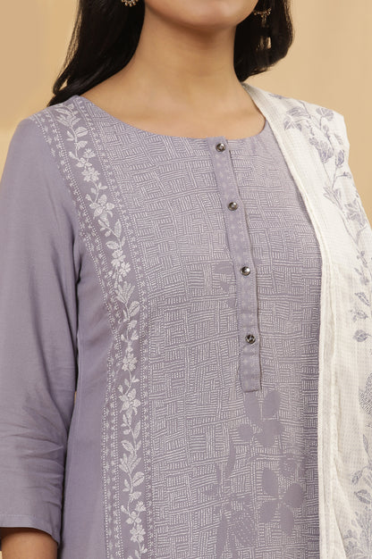 Purple Panelled Kurta, Tights And Dupatta Set