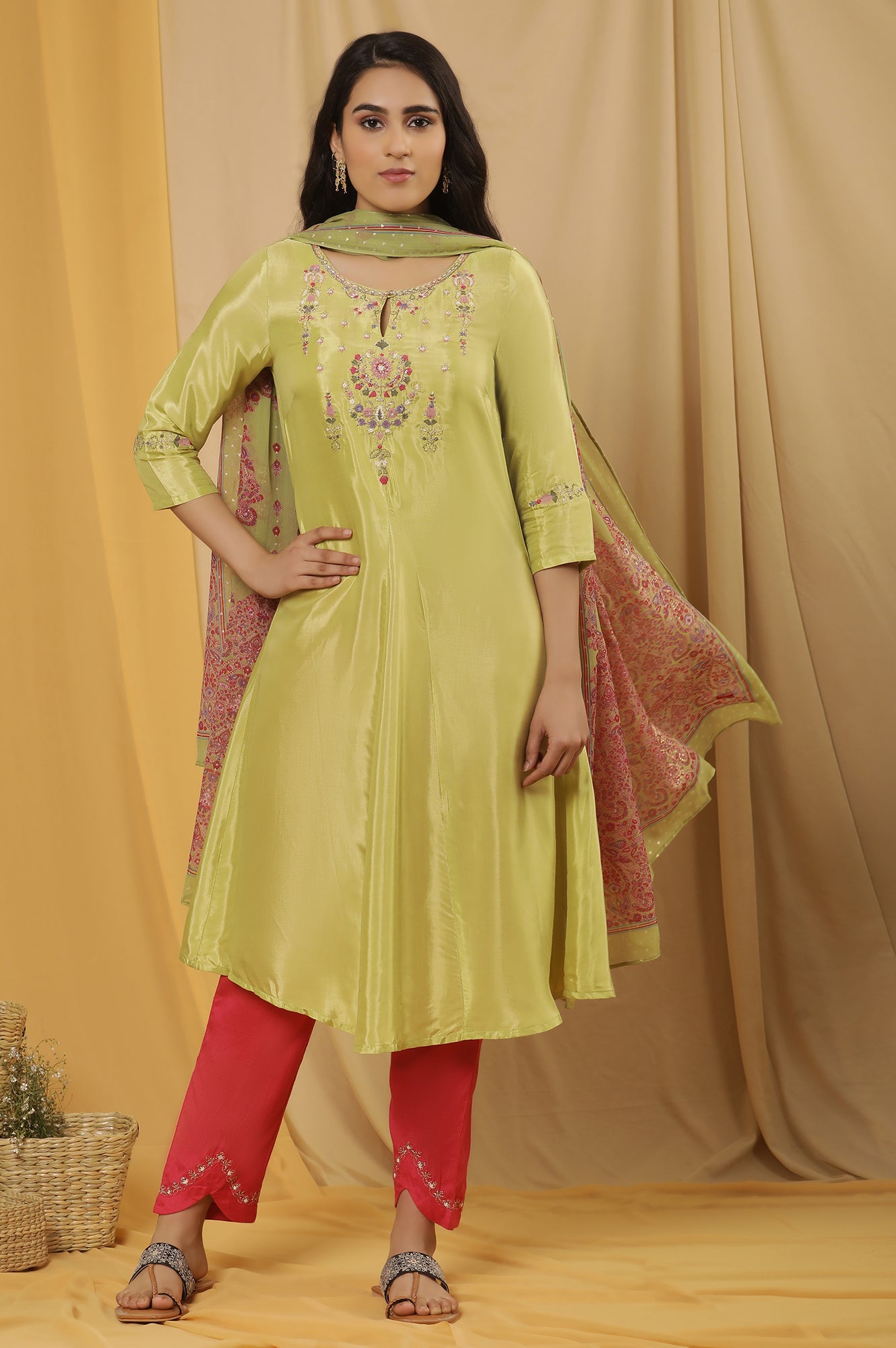 Green Embroidered A-Line Kurta, Embroidered Slim Pants And Dupatta Set