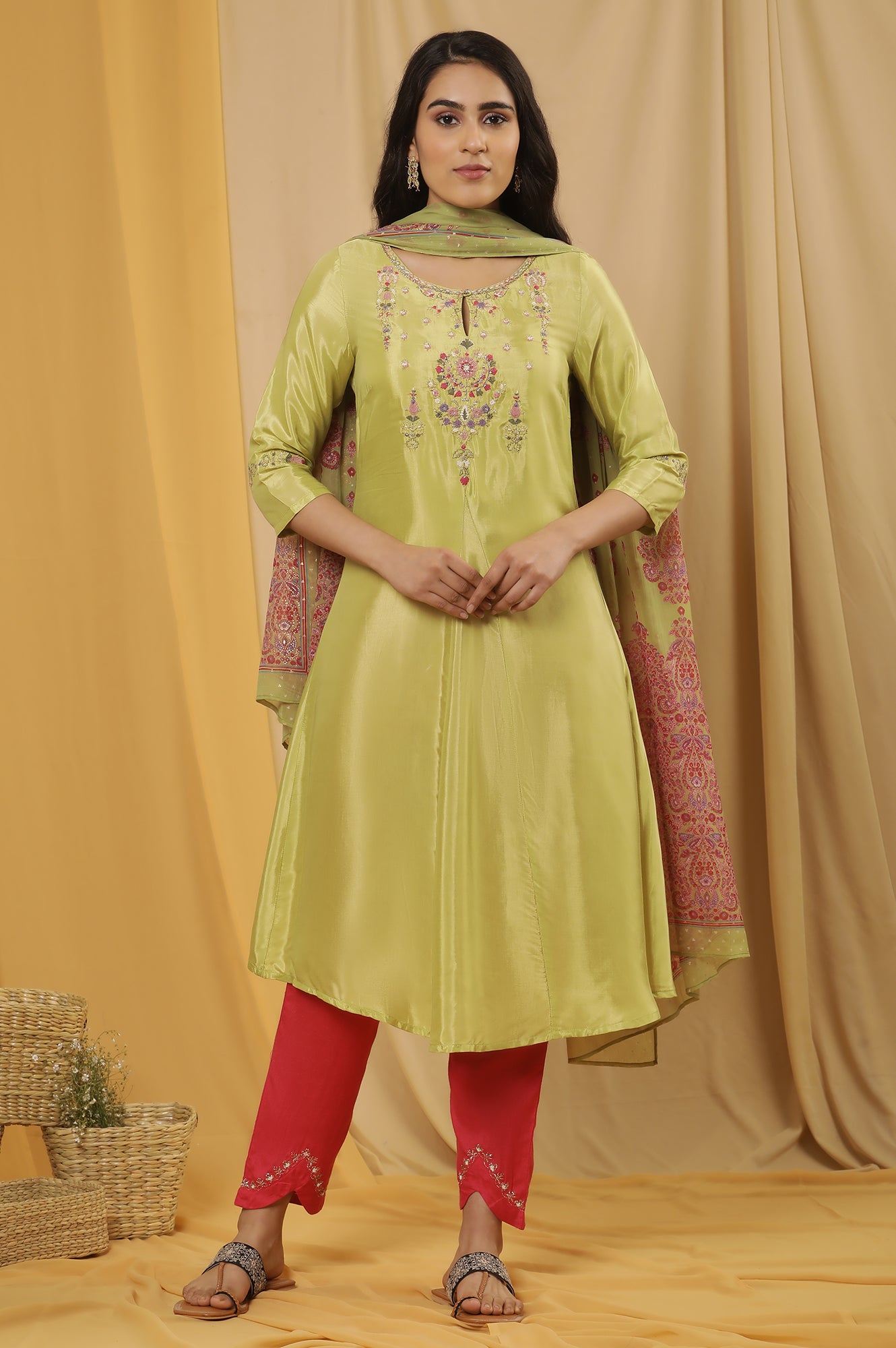 Green Embroidered A-Line Kurta, Embroidered Slim Pants And Dupatta Set