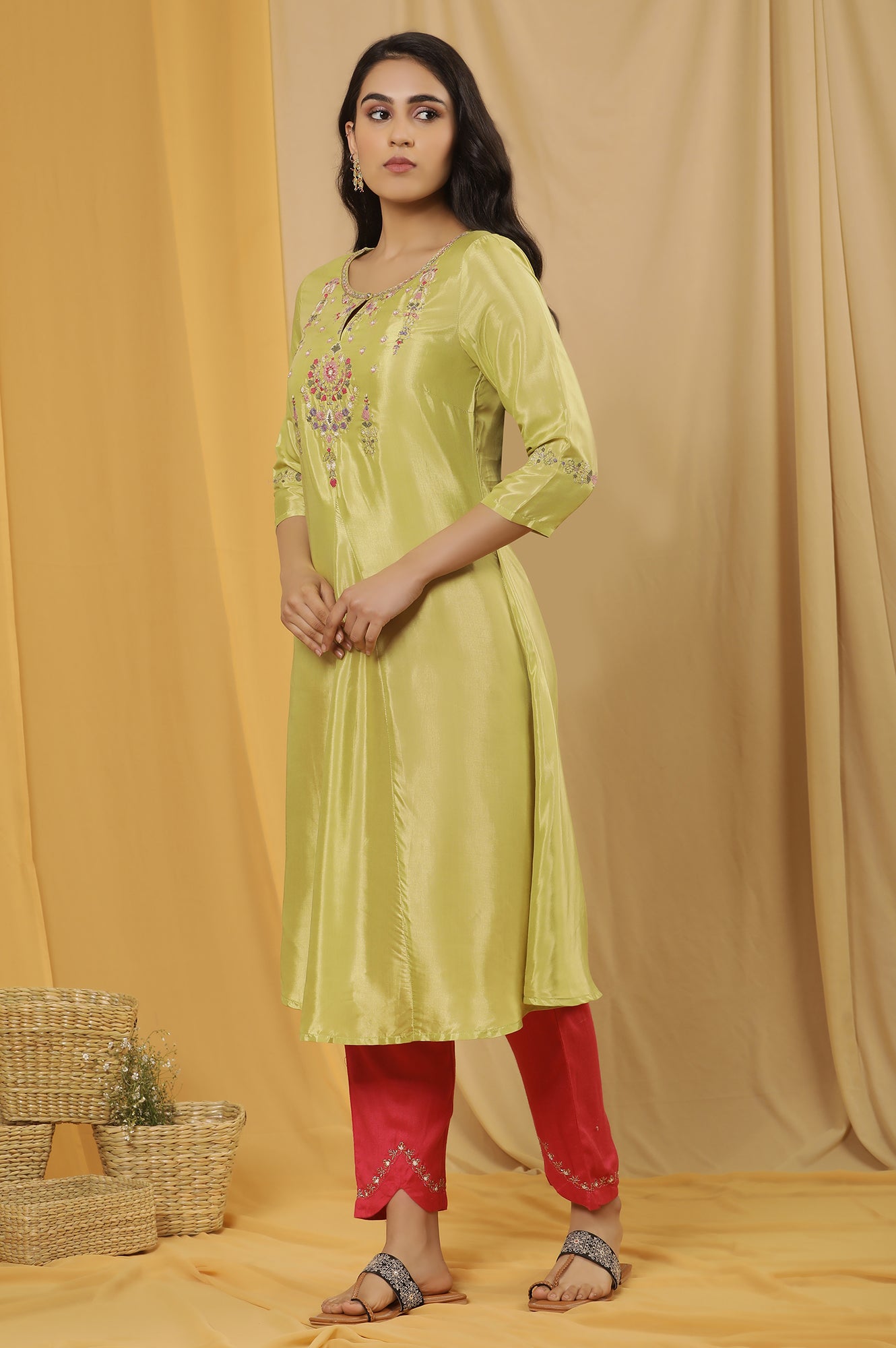 Green Embroidered A-Line Kurta, Embroidered Slim Pants And Dupatta Set