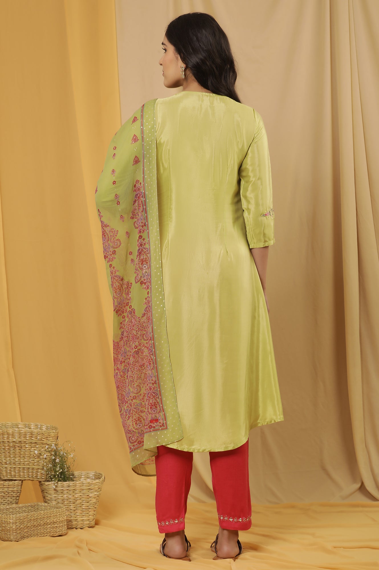 Green Embroidered A-Line Kurta, Embroidered Slim Pants And Dupatta Set