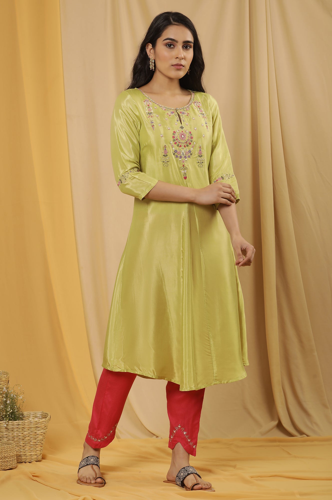 Green Embroidered A-Line Kurta, Embroidered Slim Pants And Dupatta Set