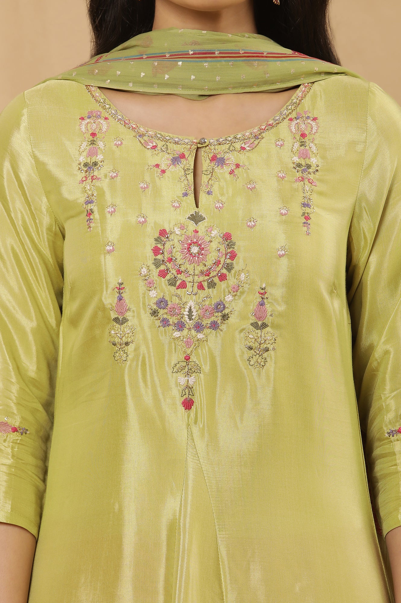 Green Embroidered A-Line Kurta, Embroidered Slim Pants And Dupatta Set