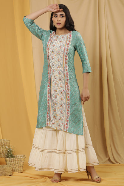 Green Mock Layer Printed Kurta And Sharara Set