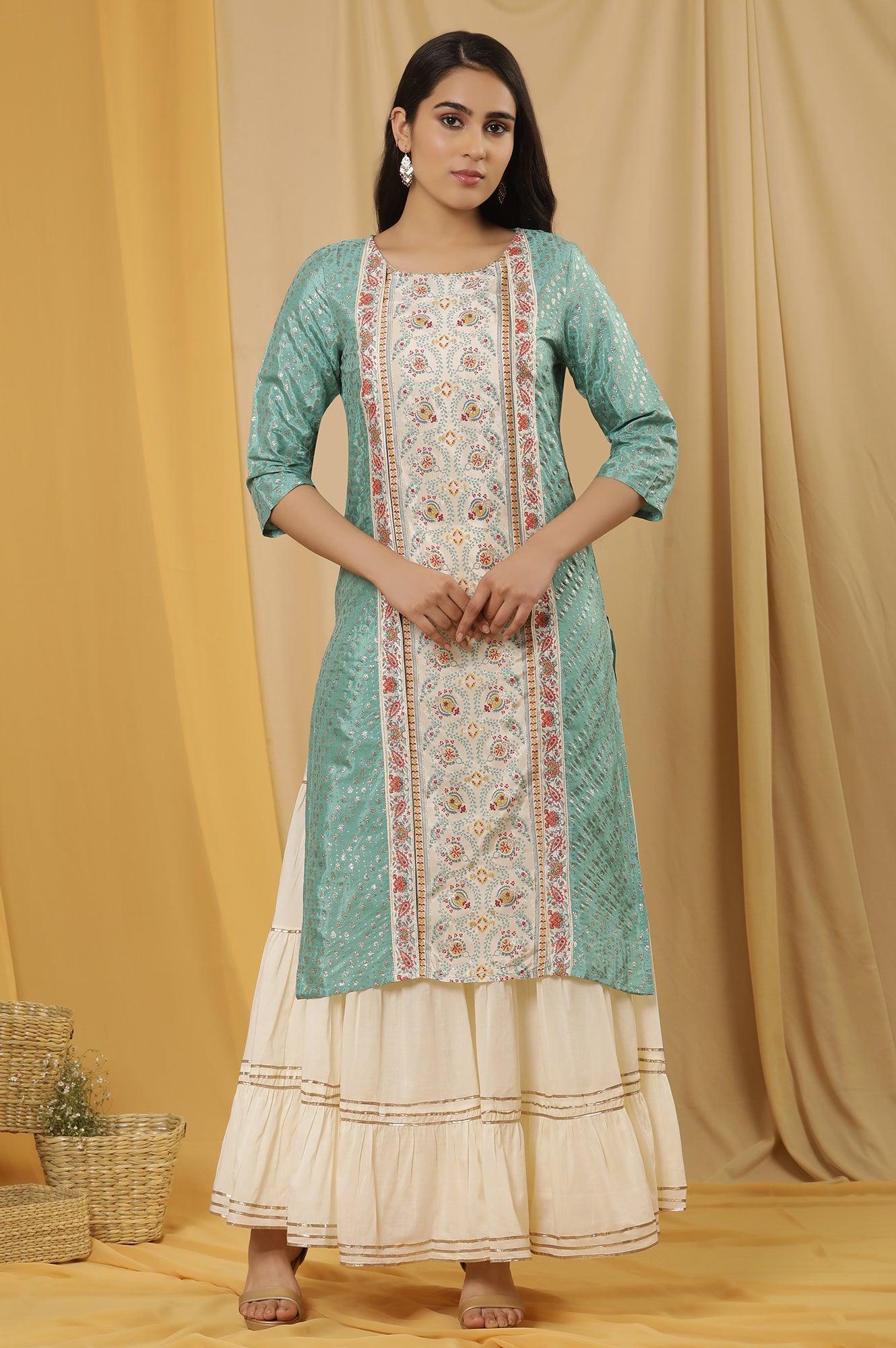 Green Mock Layer Printed Kurta And Sharara Set