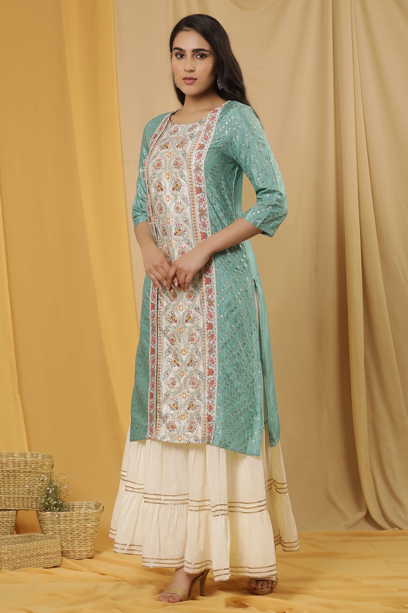 Green Mock Layer Printed Kurta And Sharara Set