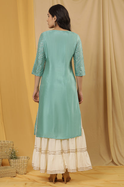 Green Mock Layer Printed Kurta And Sharara Set