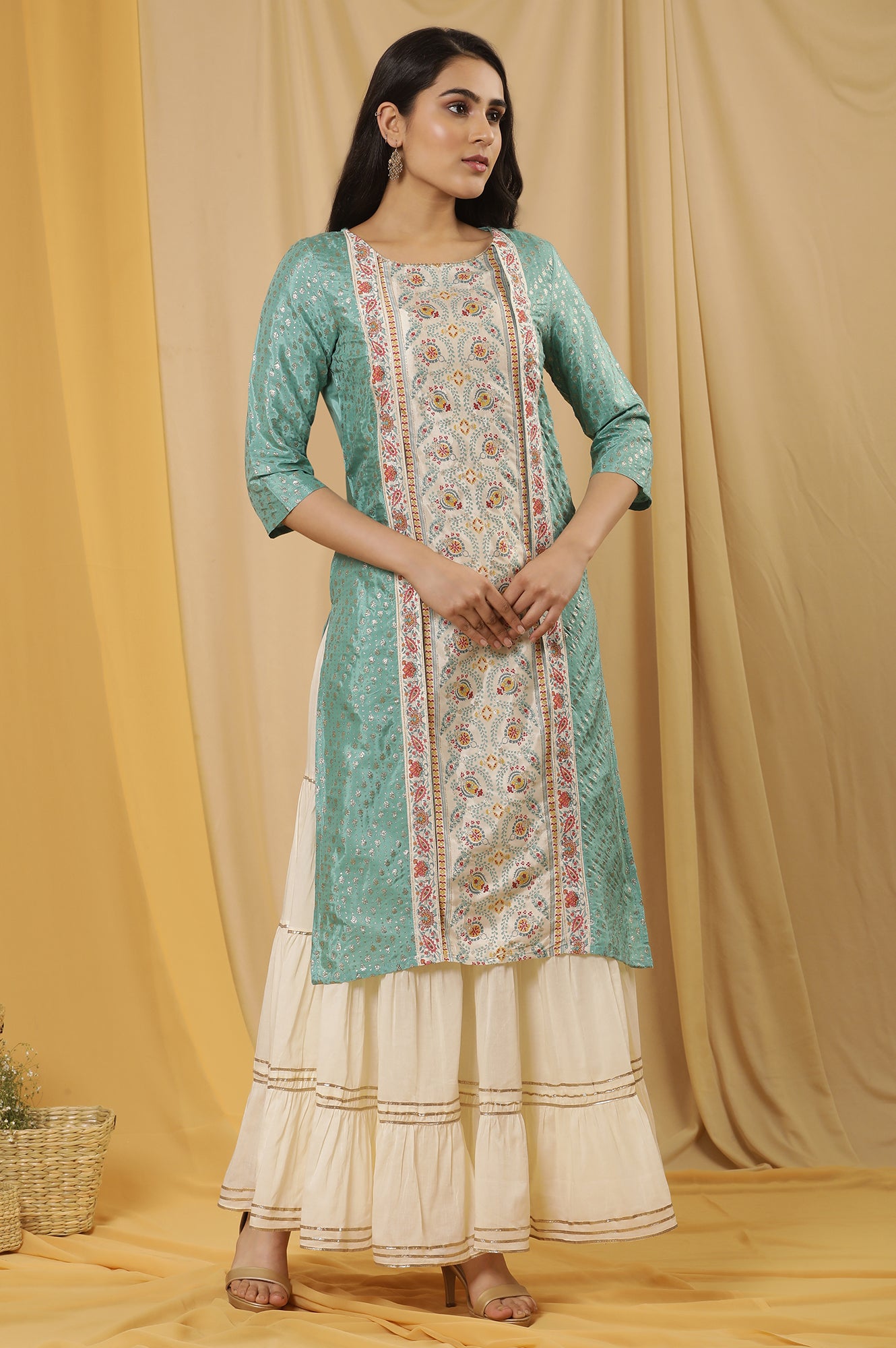 Green Mock Layer Printed Kurta And Sharara Set