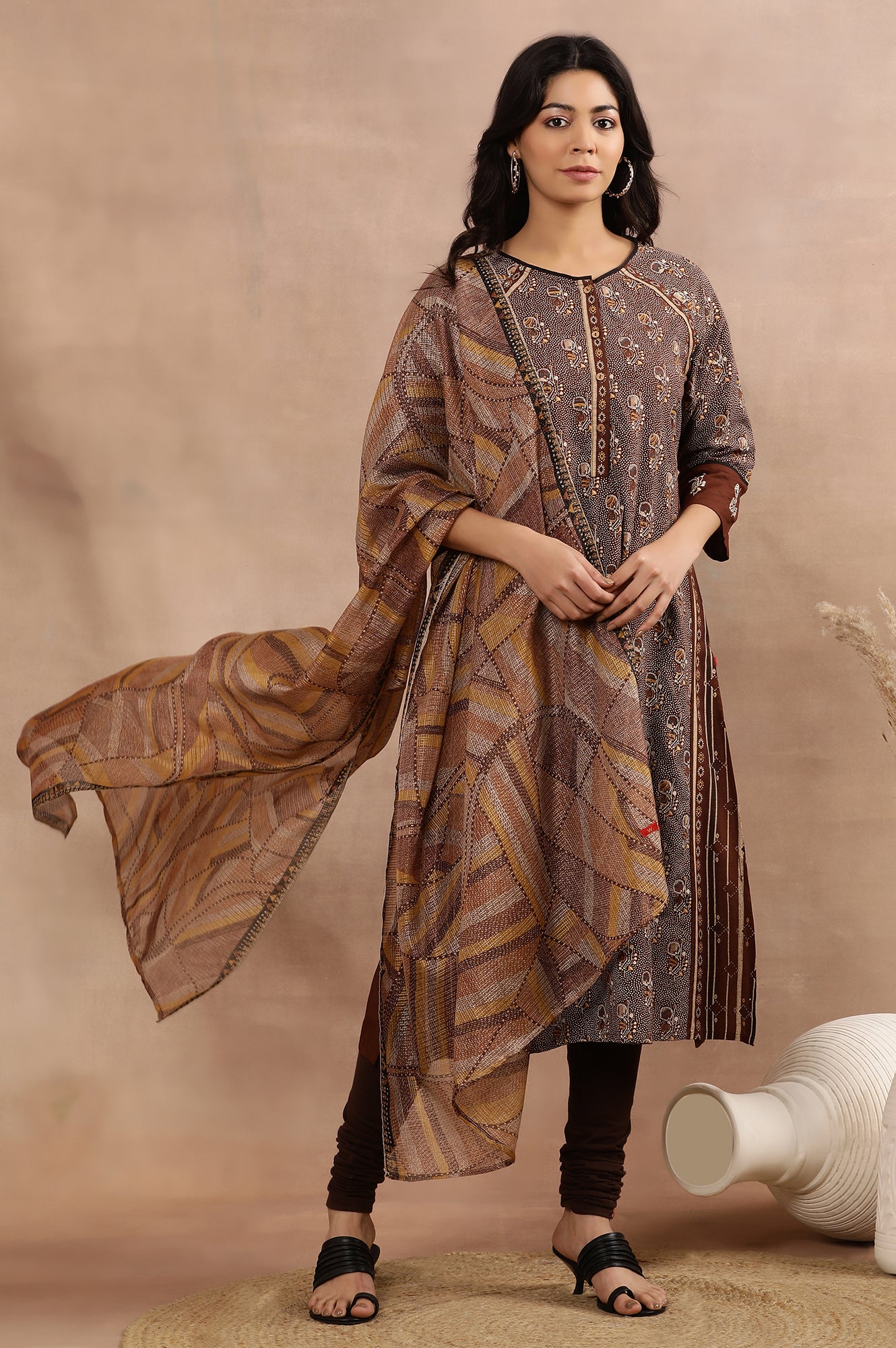 Brown Printed Kurta, Churidar And Dupatta Set