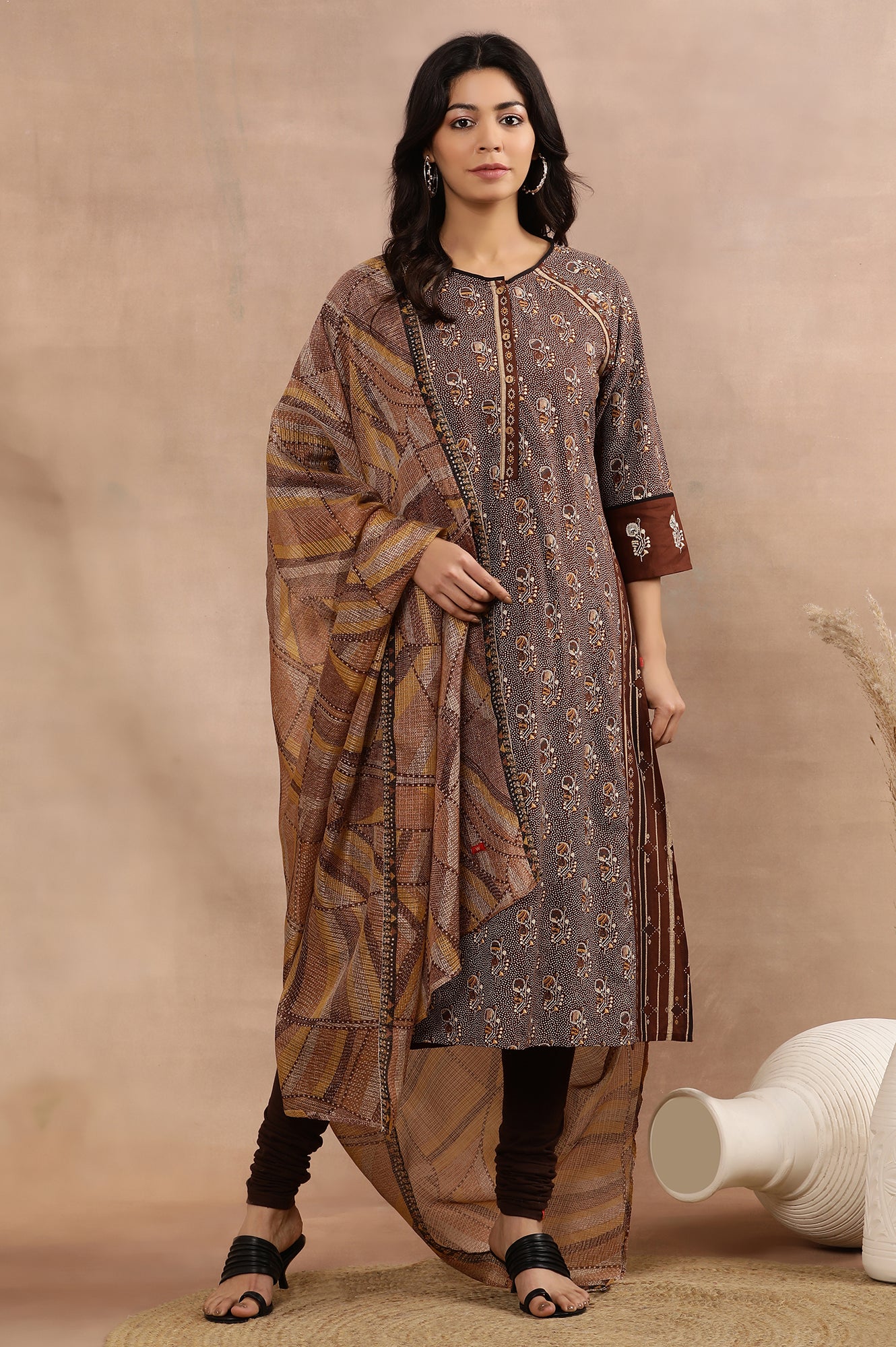 Brown Printed Kurta, Churidar And Dupatta Set