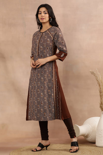 Brown Printed Kurta, Churidar And Dupatta Set