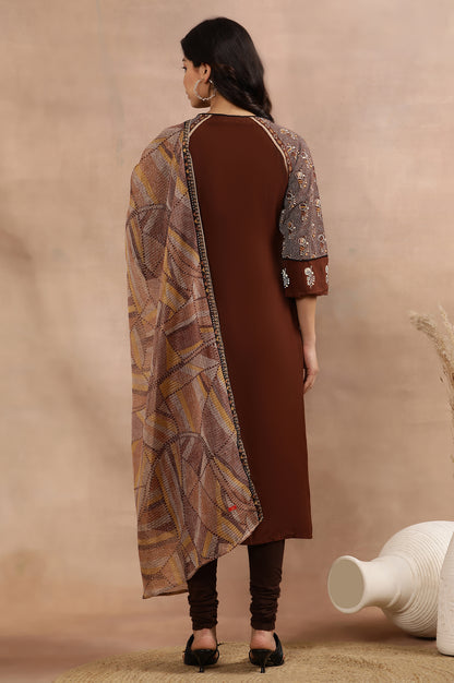 Brown Printed Kurta, Churidar And Dupatta Set