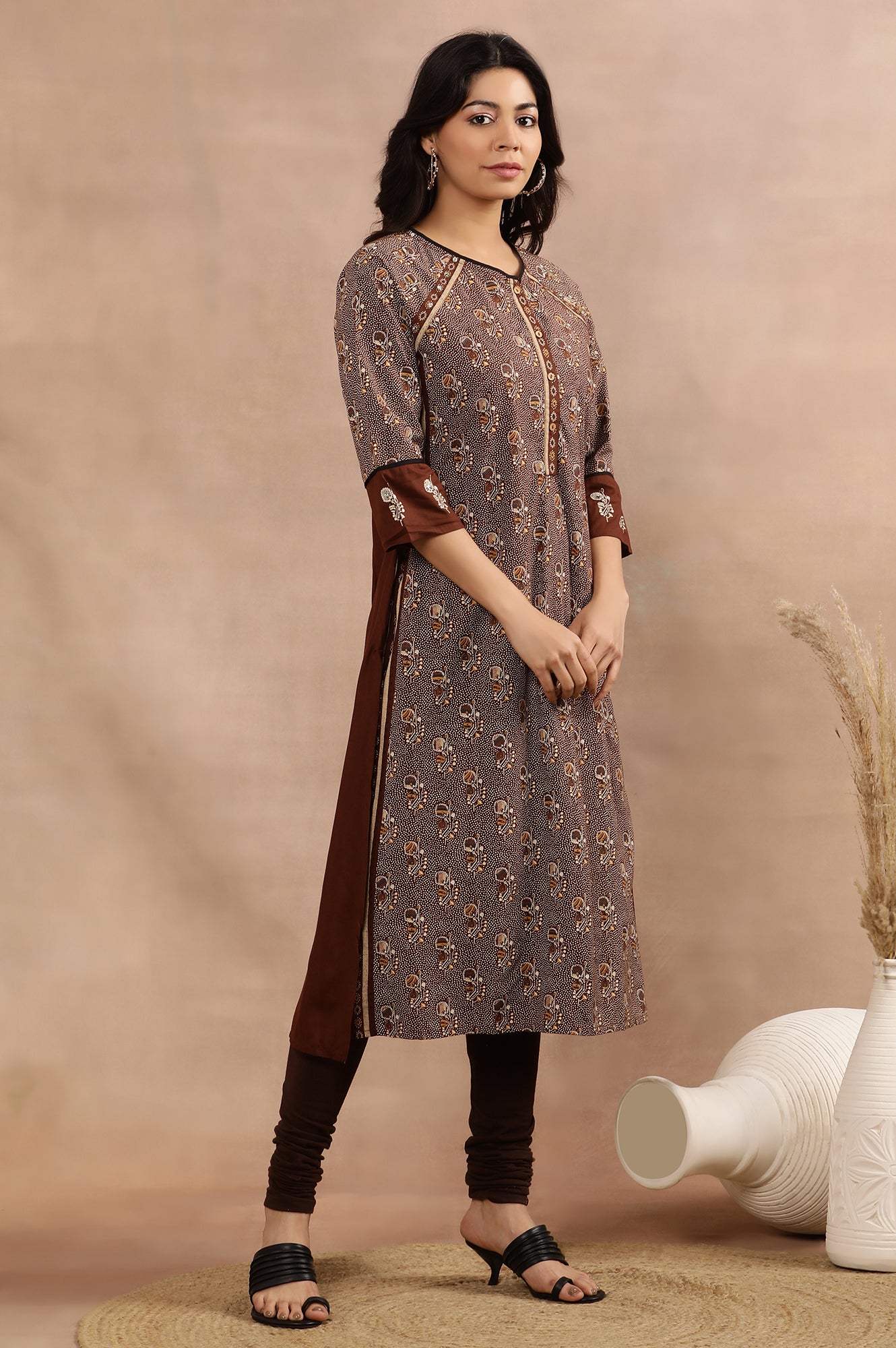 Brown Printed Kurta, Churidar And Dupatta Set