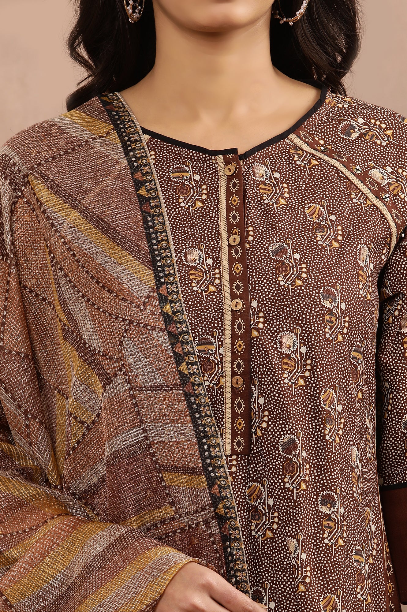 Brown Printed Kurta, Churidar And Dupatta Set