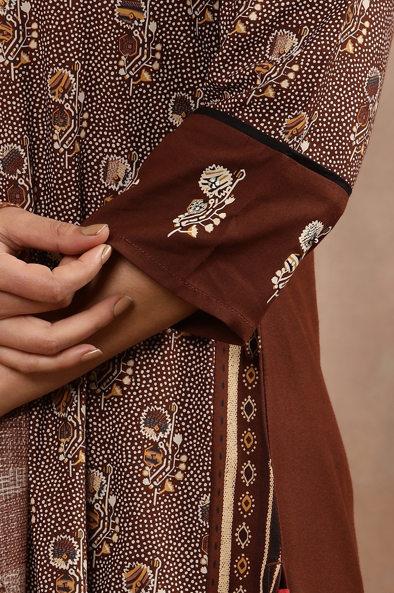 Brown Printed Kurta, Churidar And Dupatta Set