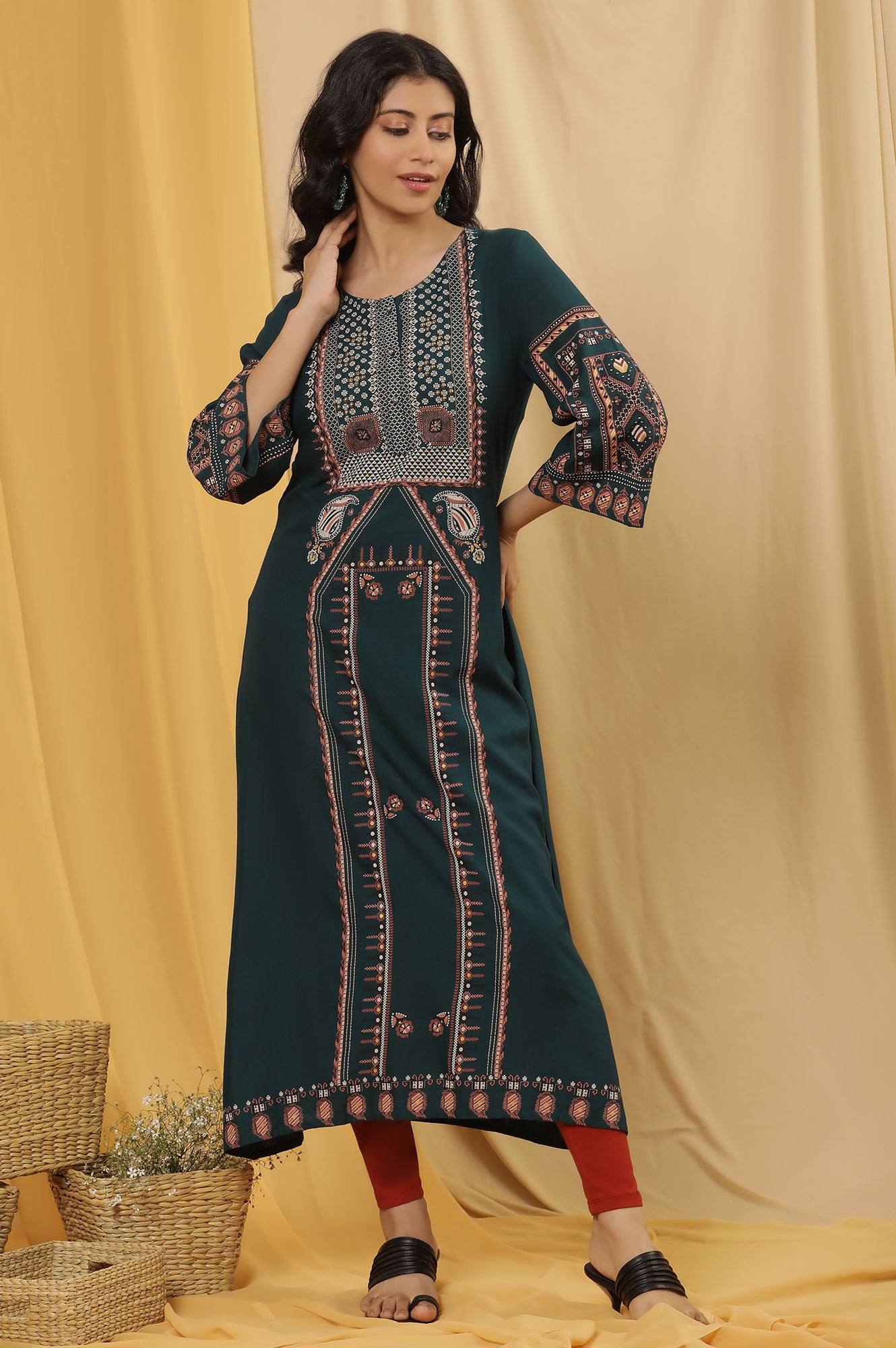 Green Printed Flared Kurta And Tights Set