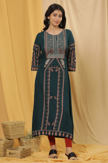 Green Printed Flared Kurta And Tights Set