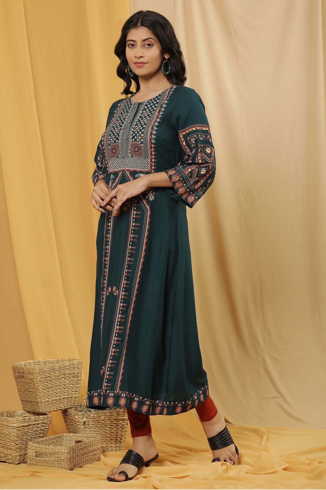 Green Printed Flared Kurta And Tights Set