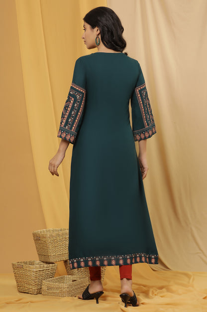 Green Printed Flared Kurta And Tights Set