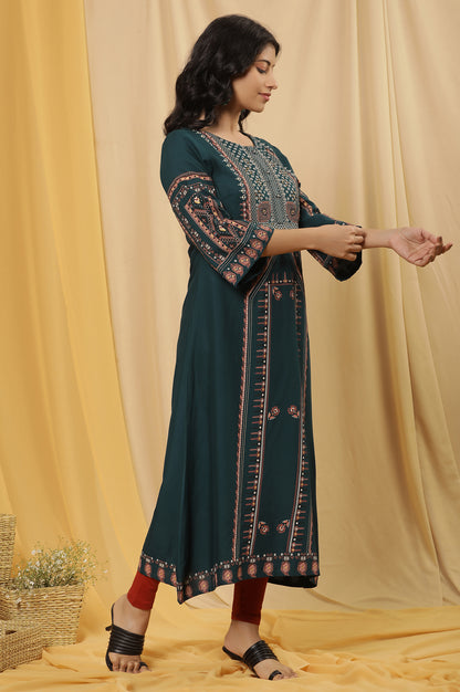 Green Printed Flared Kurta And Tights Set