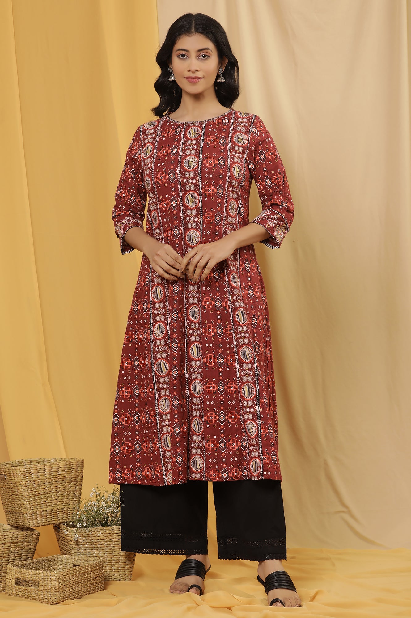 Dark Red A-Line Printed Kurta And Parallel Pants Set