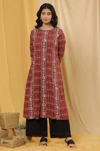 Dark Red A-Line Printed Kurta And Parallel Pants Set