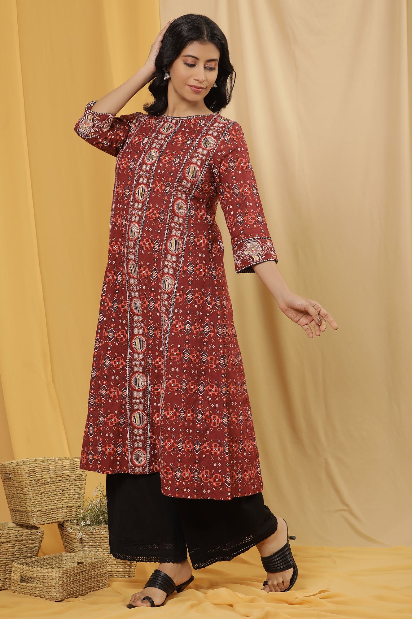 Dark Red A-Line Printed Kurta And Parallel Pants Set