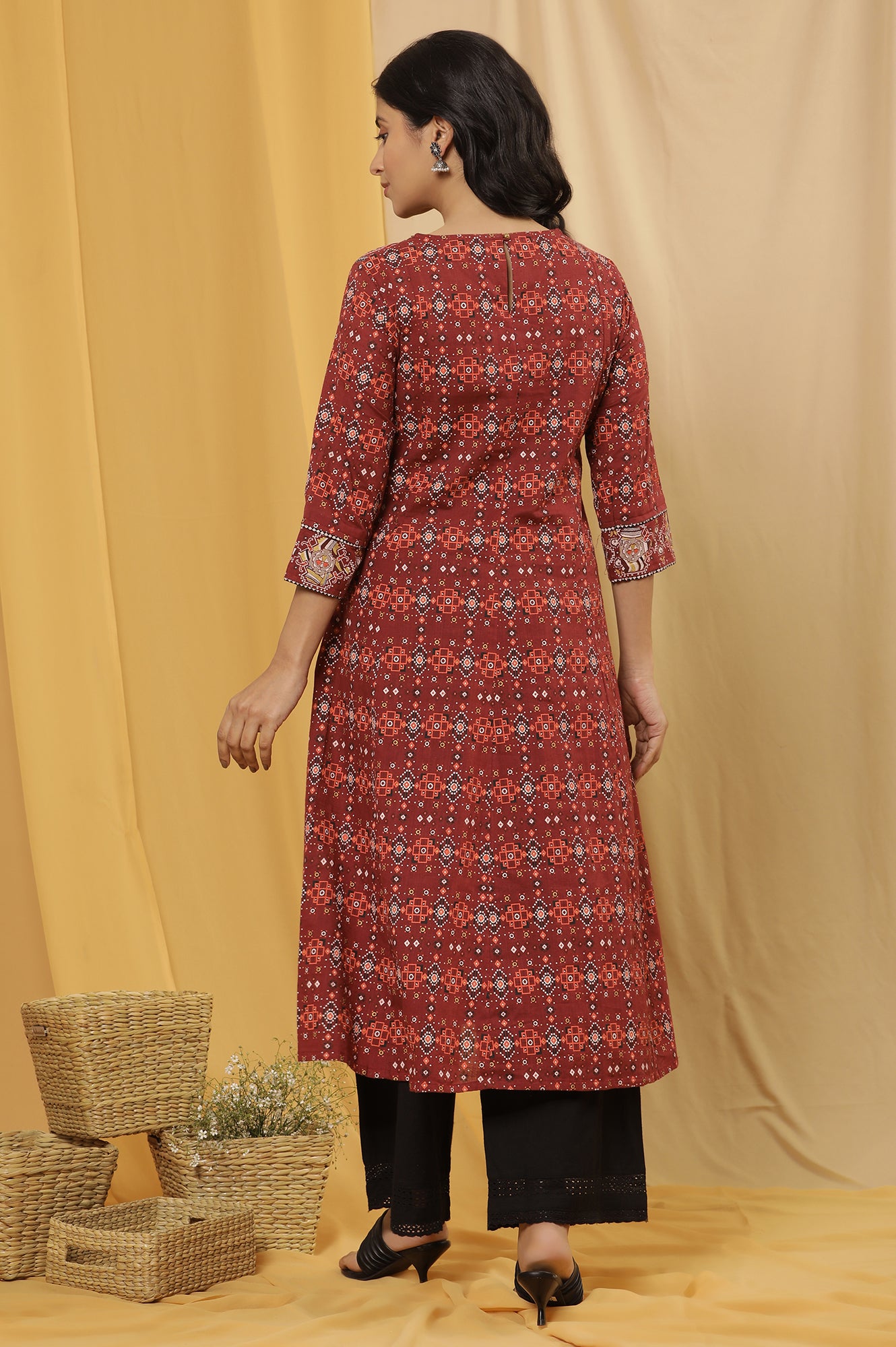 Dark Red A-Line Printed Kurta And Parallel Pants Set