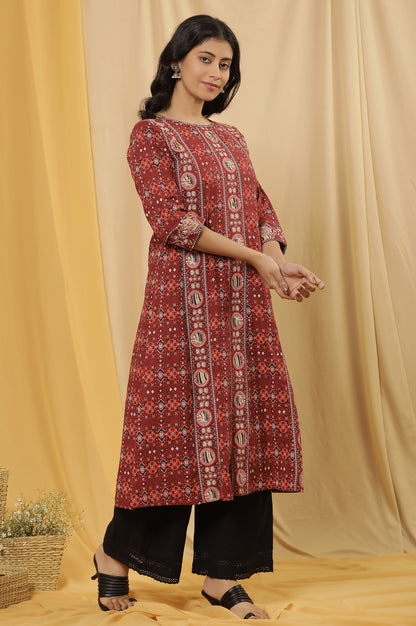 Dark Red A-Line Printed Kurta And Parallel Pants Set