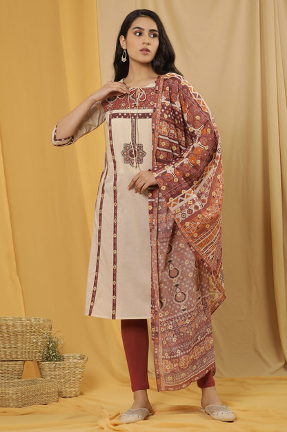 White Printed Summer Kurta, Tights And Dupatta Set