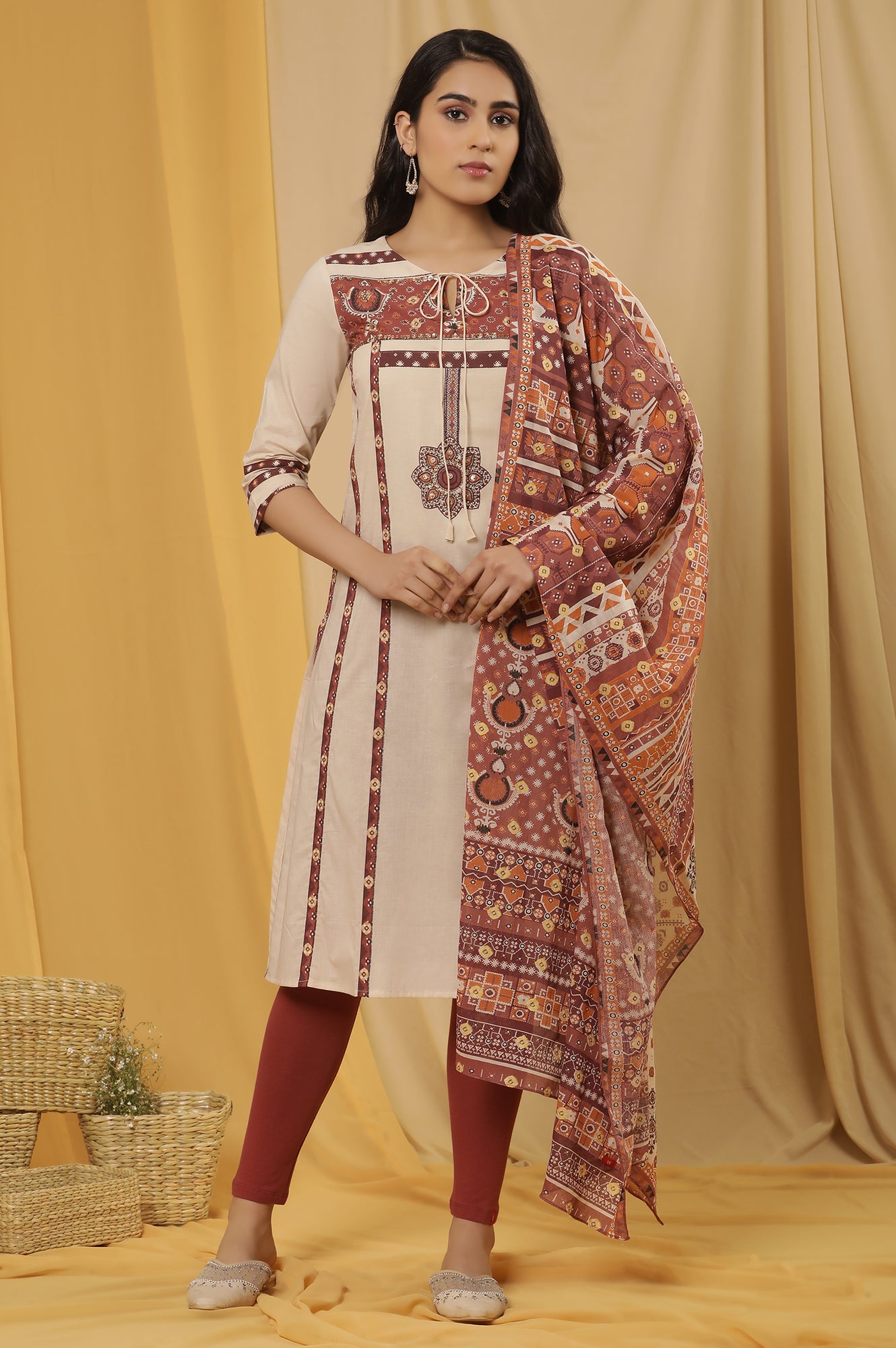 White Printed Summer Kurta, Tights And Dupatta Set