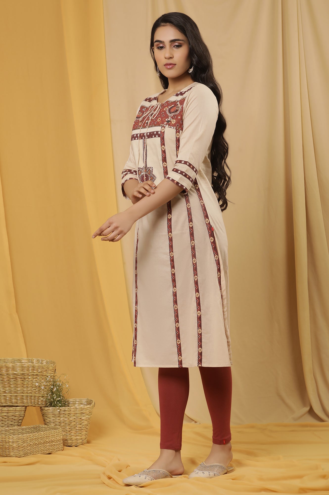 White Printed Summer Kurta, Tights And Dupatta Set