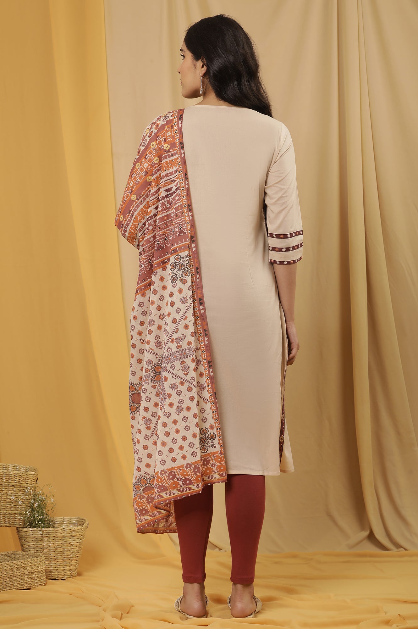 White Printed Summer Kurta, Tights And Dupatta Set