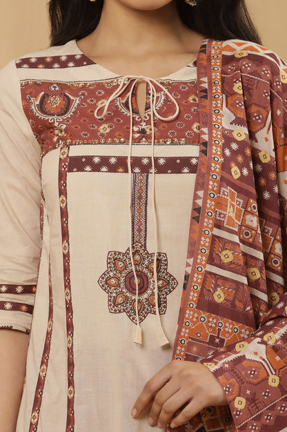 White Printed Summer Kurta, Tights And Dupatta Set