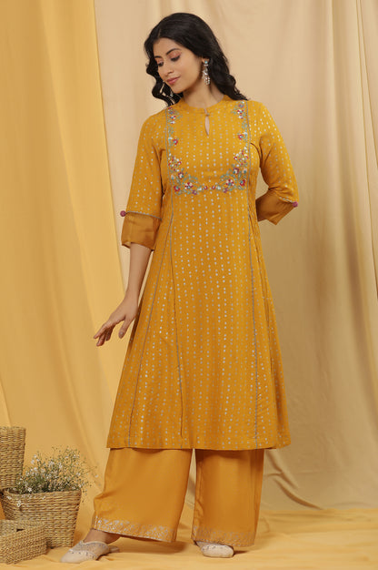 Yellow A-Line Embroidered Kurta And Parallel Pants Set