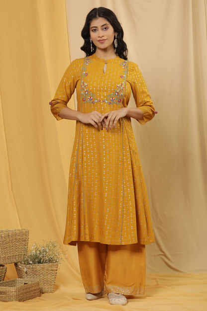 Yellow A-Line Embroidered Kurta And Parallel Pants Set