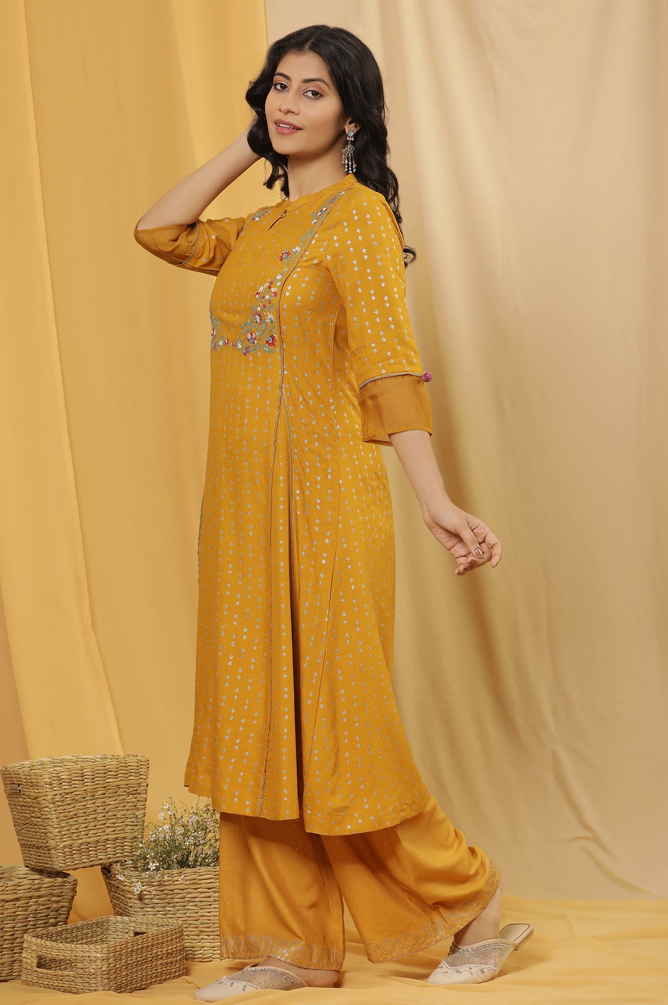 Yellow A-Line Embroidered Kurta And Parallel Pants Set