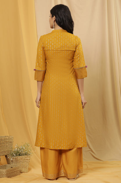 Yellow A-Line Embroidered Kurta And Parallel Pants Set