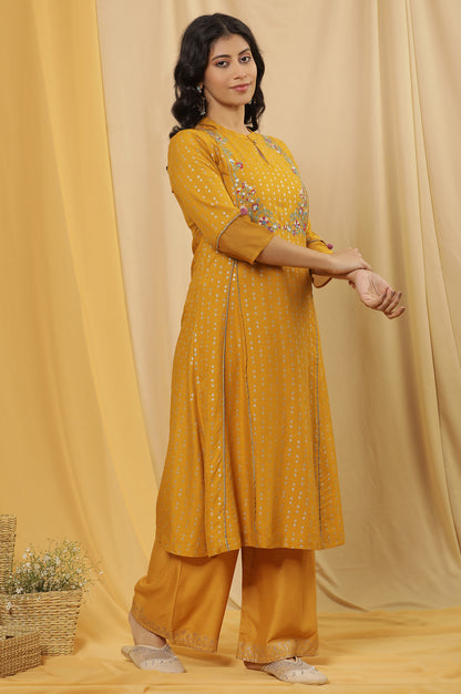 Yellow A-Line Embroidered Kurta And Parallel Pants Set