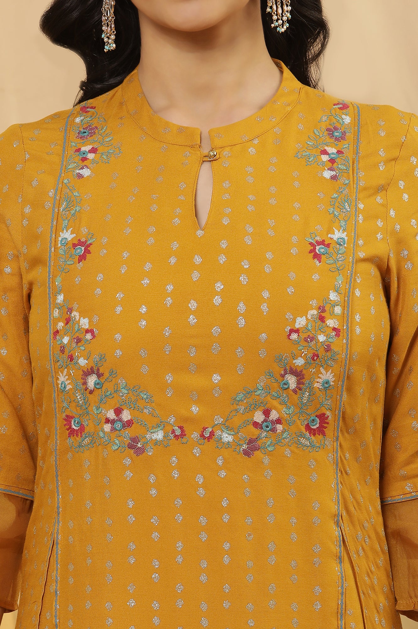 Yellow A-Line Embroidered Kurta And Parallel Pants Set